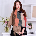 2017 New arrival winter long plaid 7 color stitching women fake cashmere scarf poncho for women with tassel